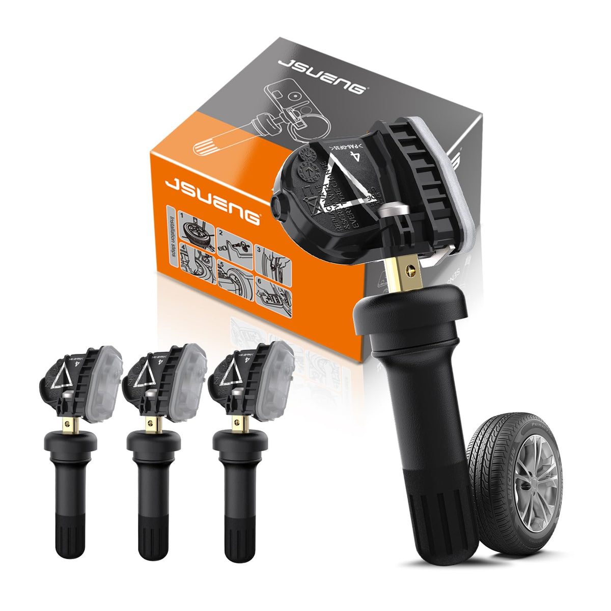 Jsueng TPMS front view showing compact housing and durable finish for easy installation