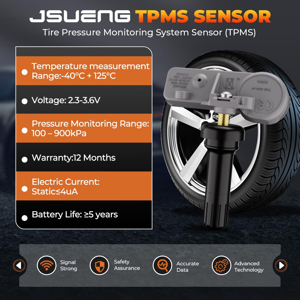 Jsueng TPMS sensor closeup of ID stamp for quick vehicle compatibility check