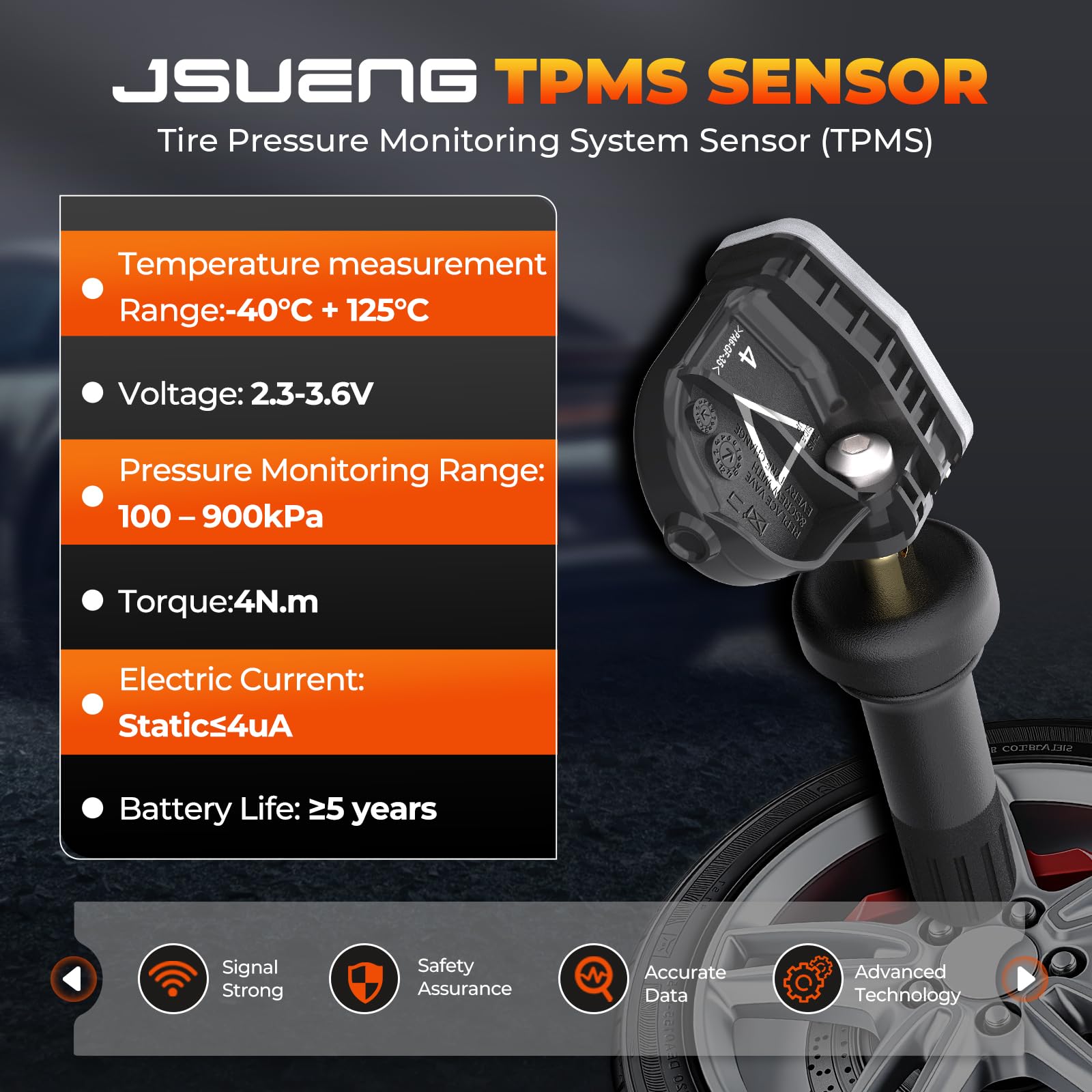 Side profile of Jsueng TPMS displaying low-profile shape designed for wheel clearance