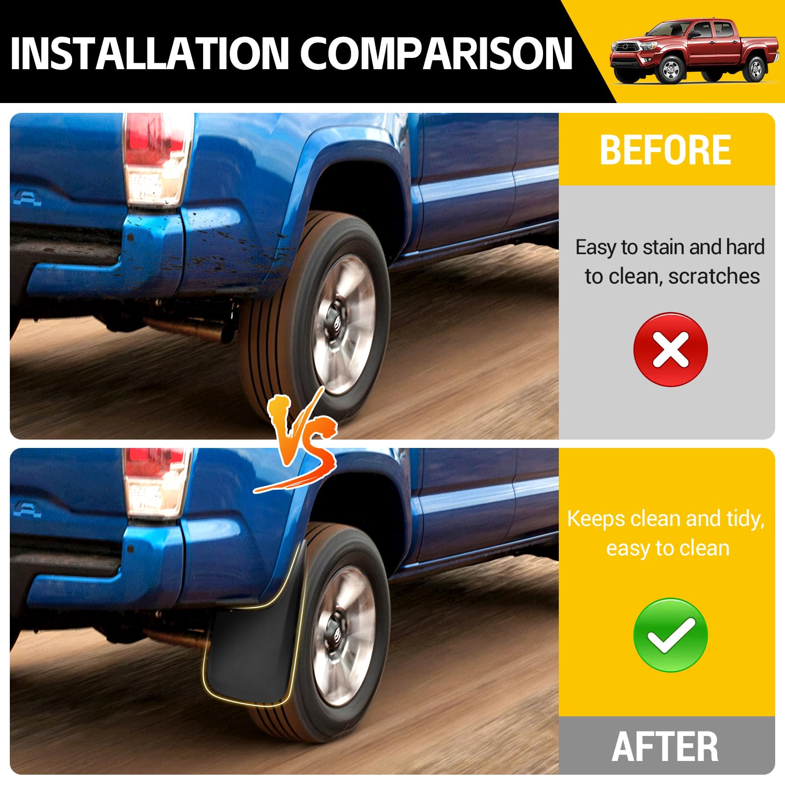 JTYZSM mounted front flap on Tacoma in motion showing splash protection