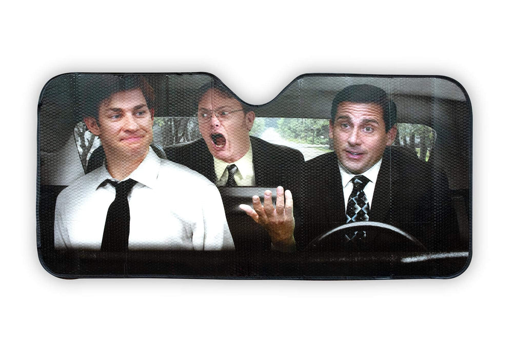 JUST FUNKY front view of The Office sun shade showing full printed design and coverage