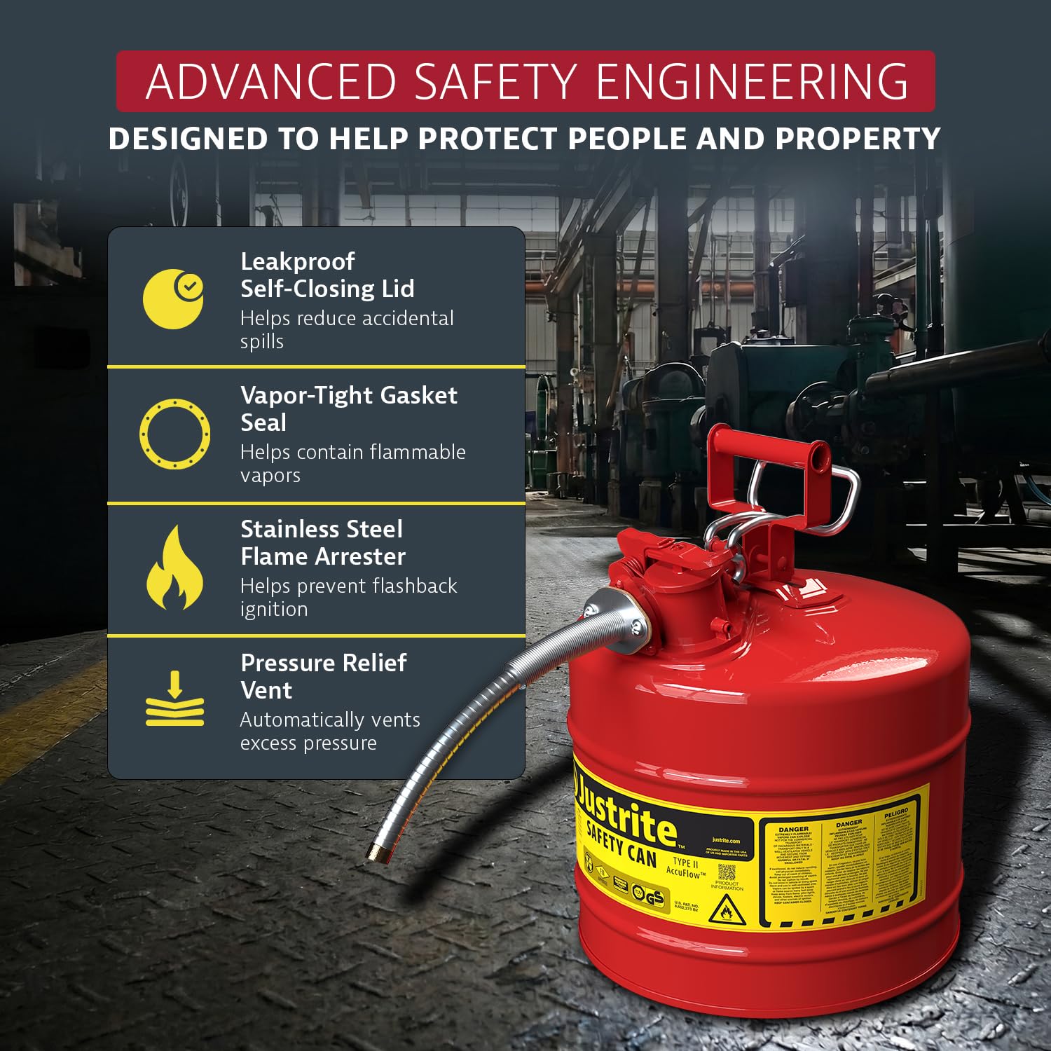 Justrite flame arrester and gasketed lid closeup reducing flashback risk and leakage