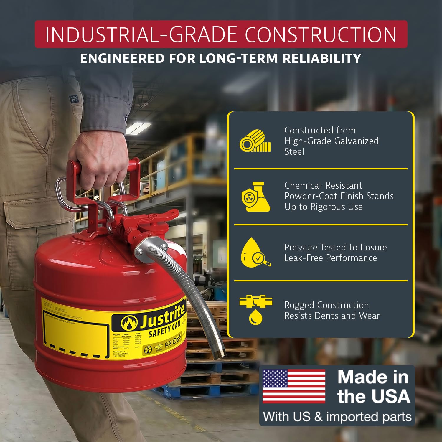 Justrite flexible metal hose detail directing fuel into tight openings with accuracy