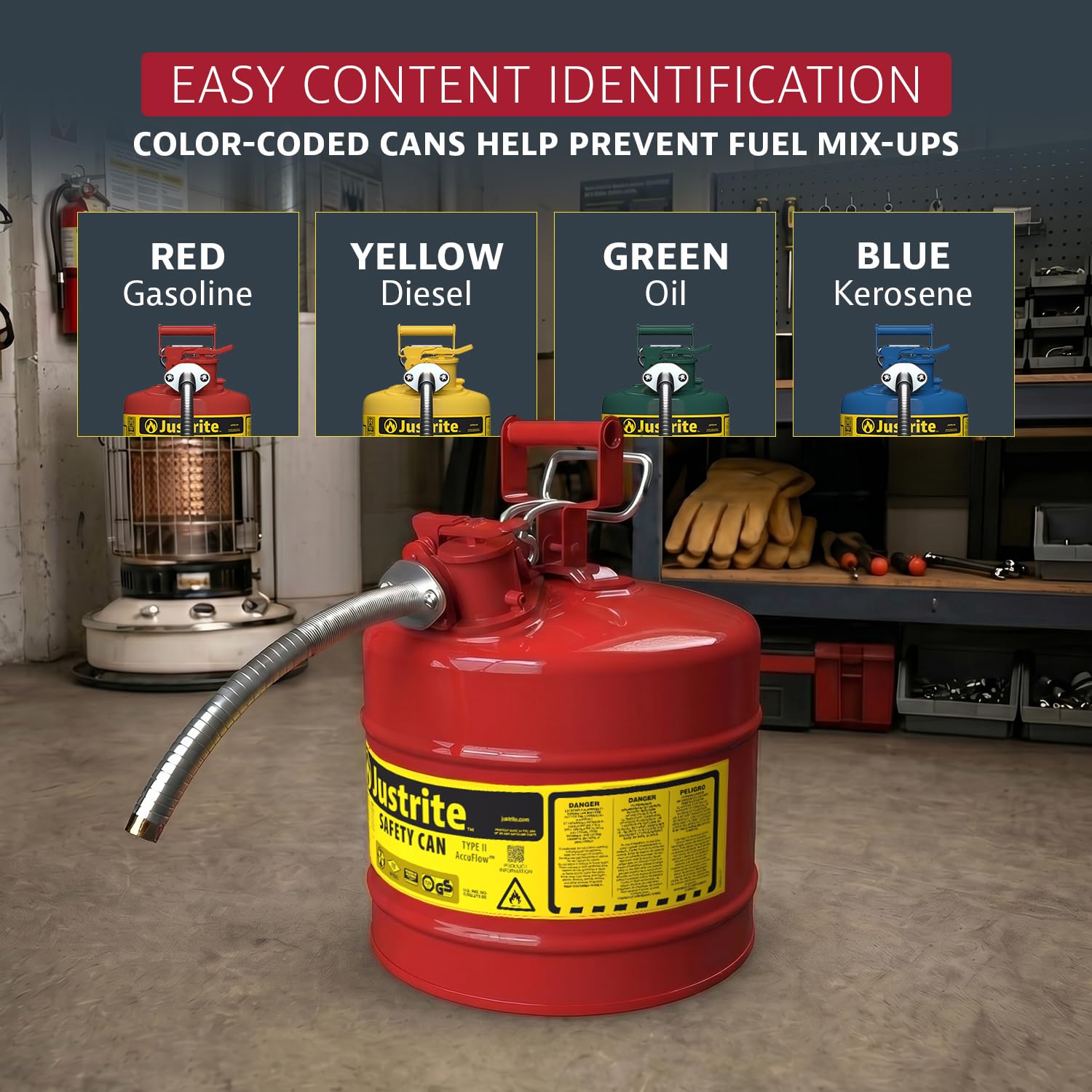 Justrite can in use pouring into small engine demonstrating precise, spill‑reduced refueling