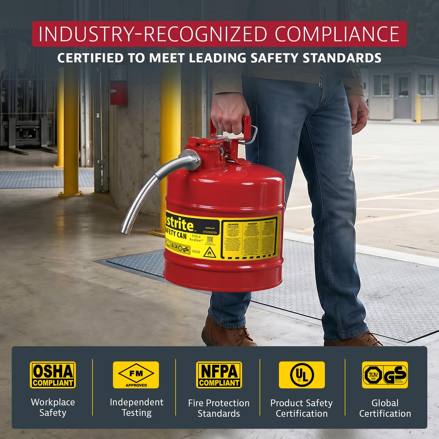 Justrite safety can with measuring tape showing capacity and scale for storage planning