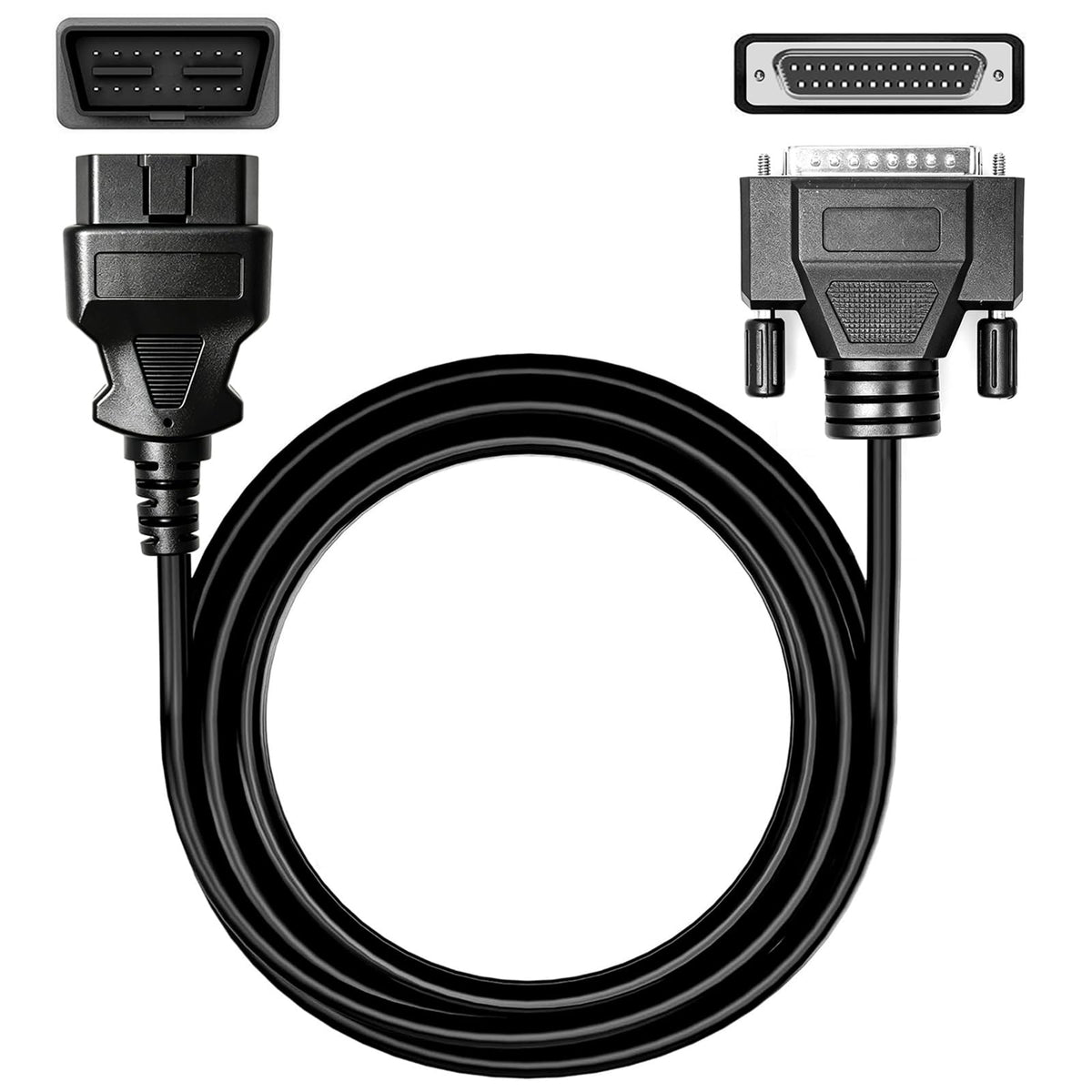 JUTA main cable front view showing DB25 connector and secure fit benefit