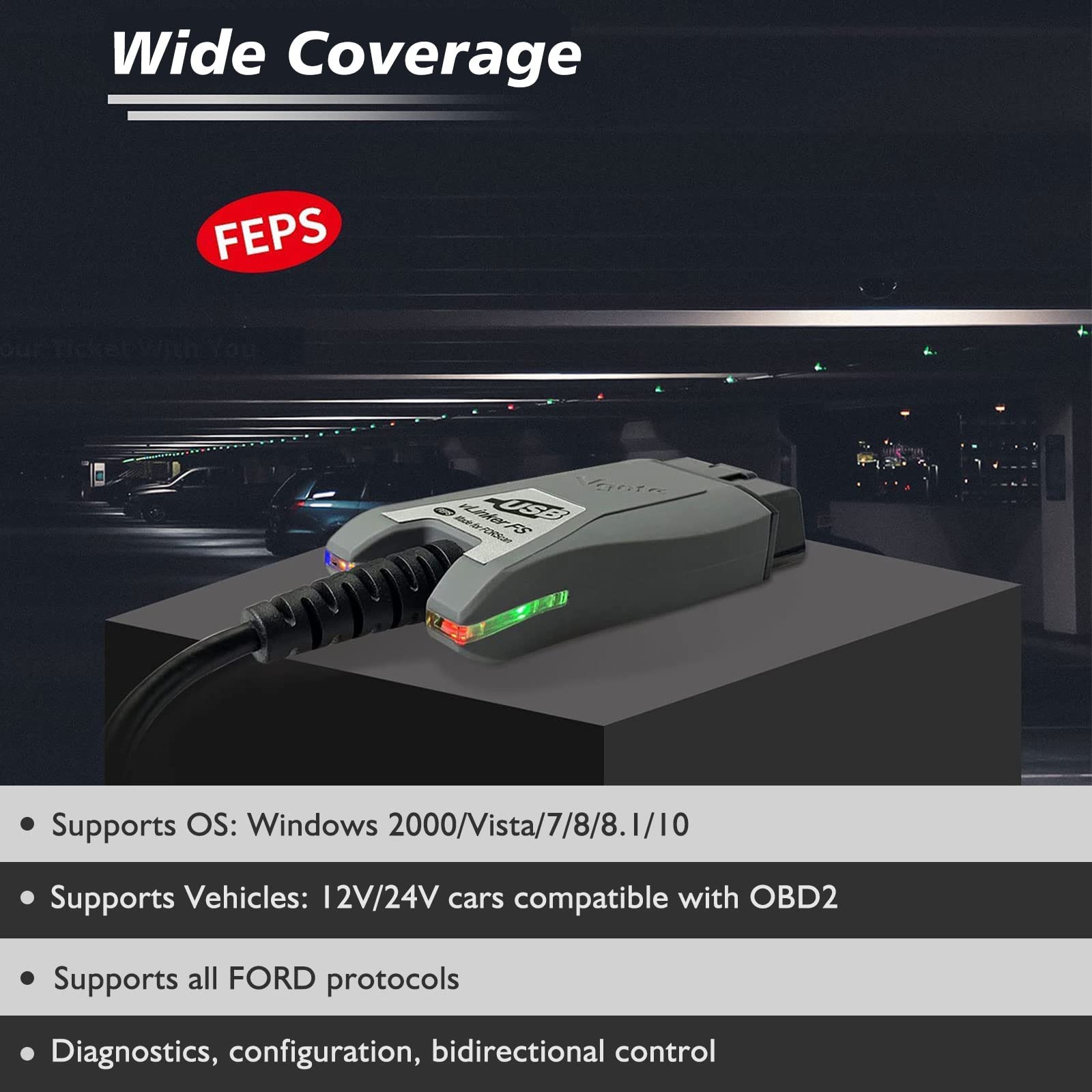 JUTA VLINKER FS next to car key for scale illustrating compact, portable diagnostic tool benefit