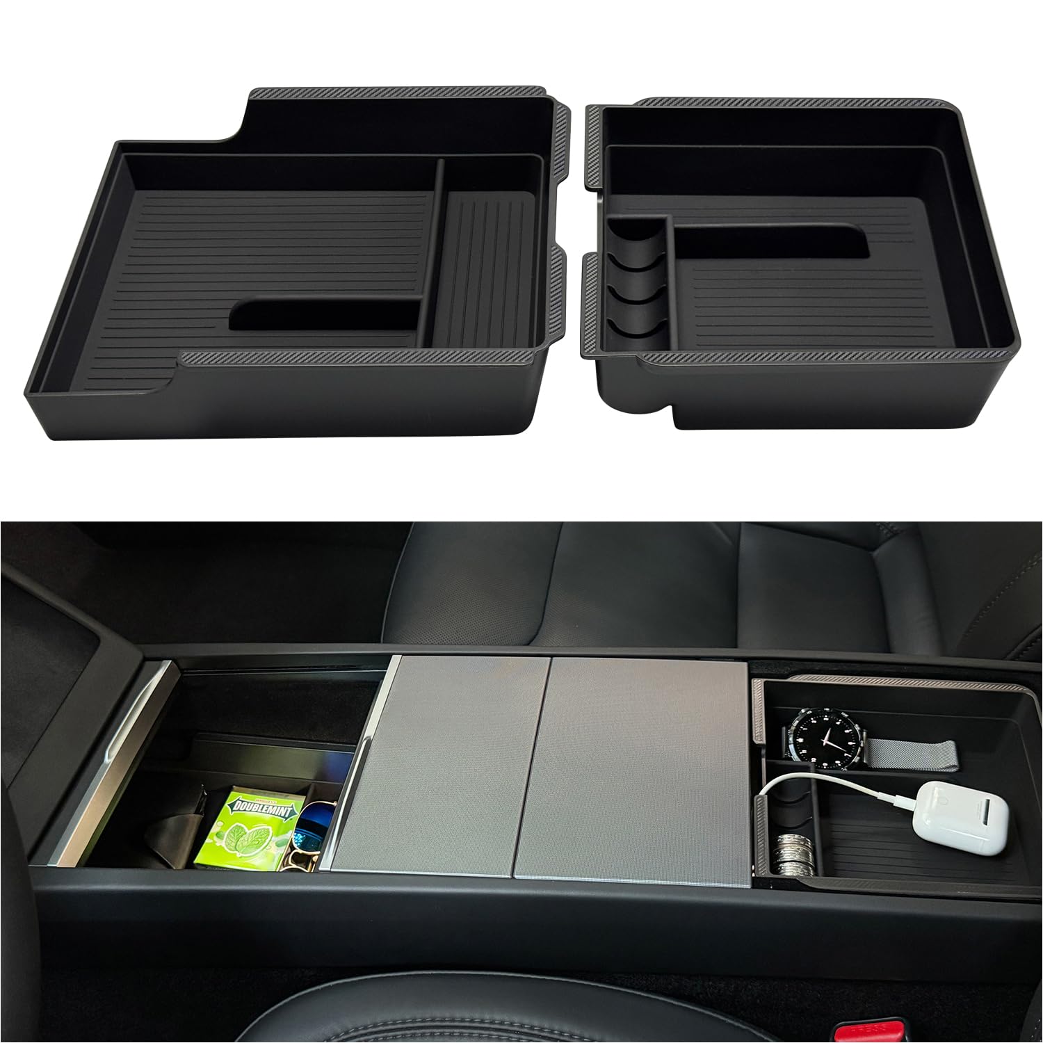 JVMA front view of organizer showing expanded tray and tidy storage benefit