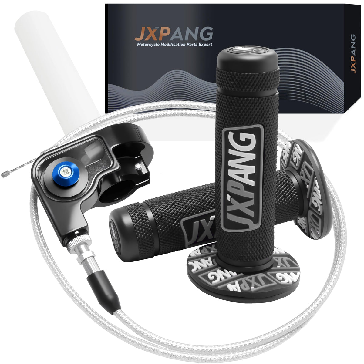 JXPANG throttle front assembly showing sleek black finish and mounting clamps for improved control