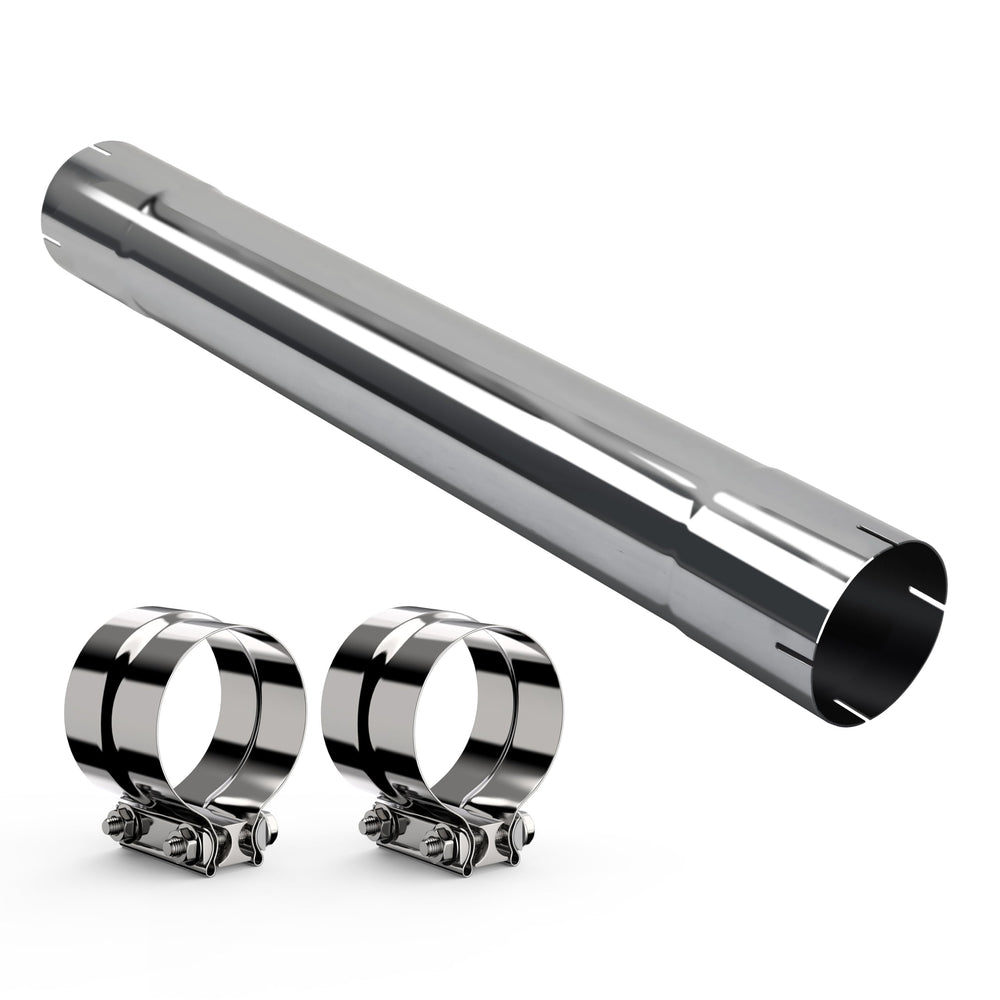 JY PERFORMANCE front view of 4" stainless exhaust pipe showing full length and ends, durable fit