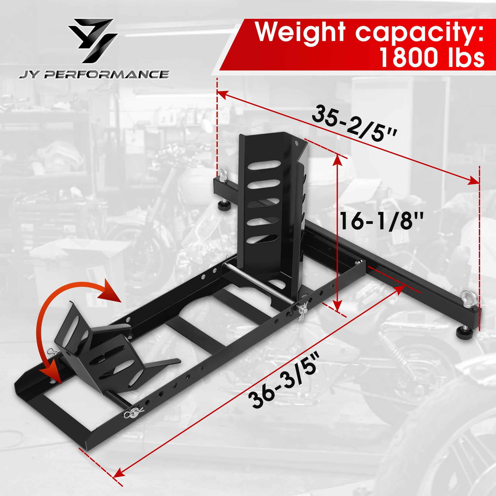 JY PERFORMANCE chock holding a motorcycle wheel for easier loading and maintenance