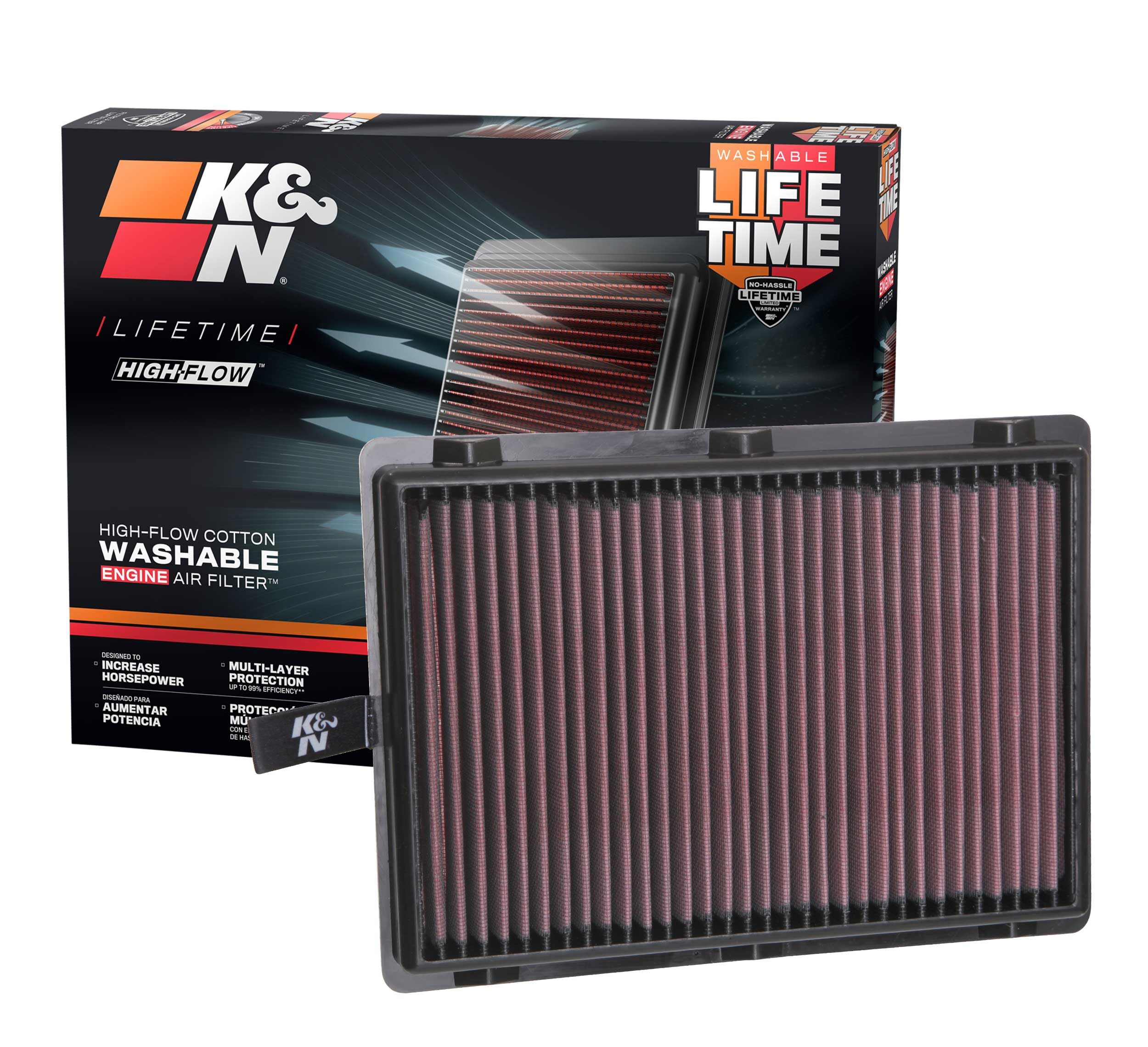 K&N front packaging showing model 33-5075 and fitment benefits
