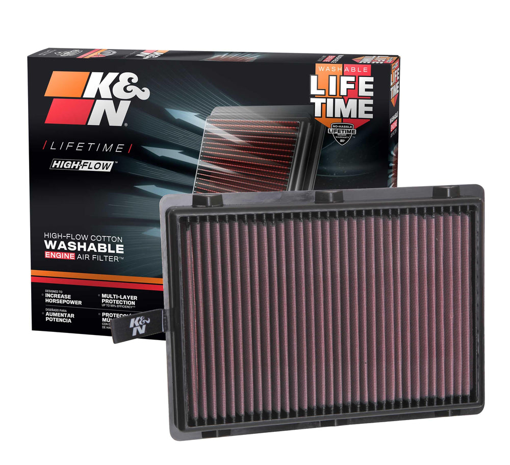 K&N front packaging showing model 33-5075 and fitment benefits