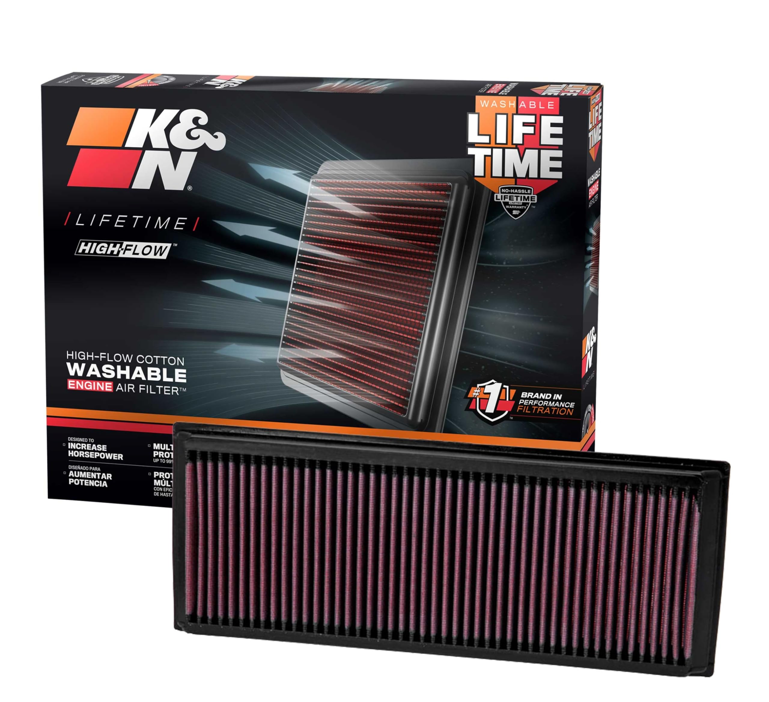 K&N front packaging of 33-2865 showing durable, ready-to-install filter benefit