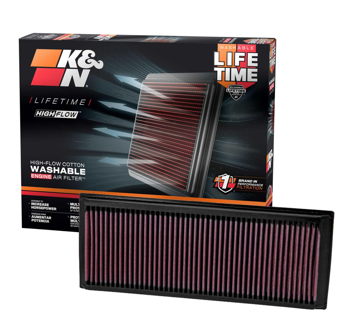 K&N front packaging of 33-2865 showing durable, ready-to-install filter benefit