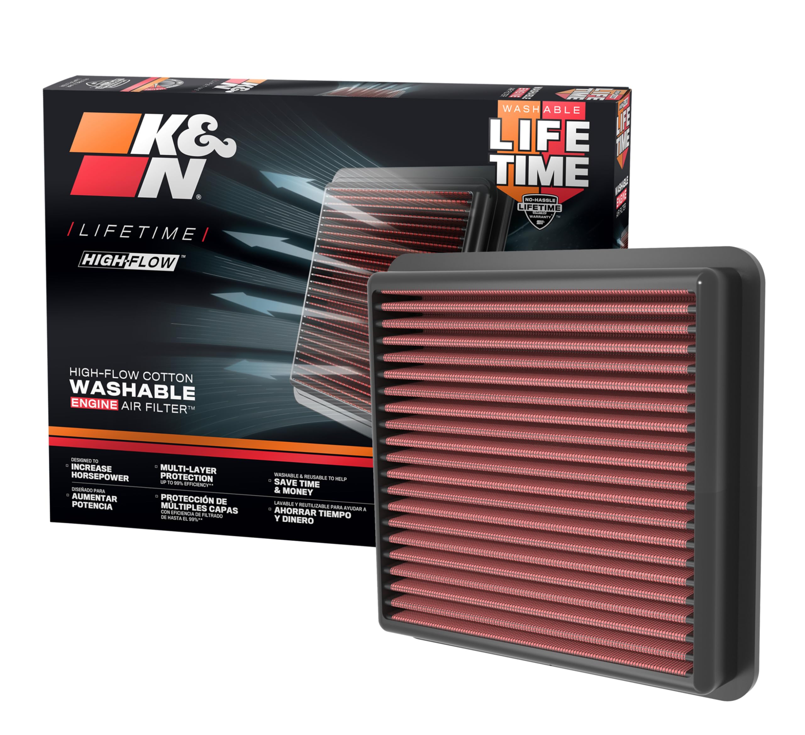 K&N front packaging showing model 33-5118 and fitment benefits