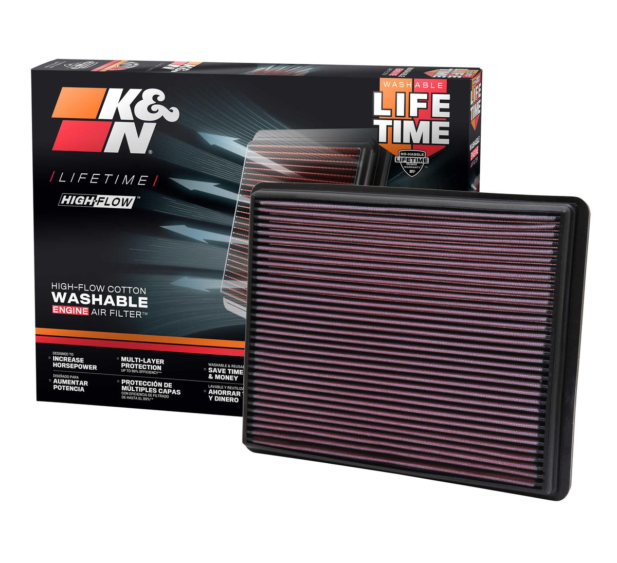 K&N front view of 33-2129 filter showing durable frame and improved airflow benefit