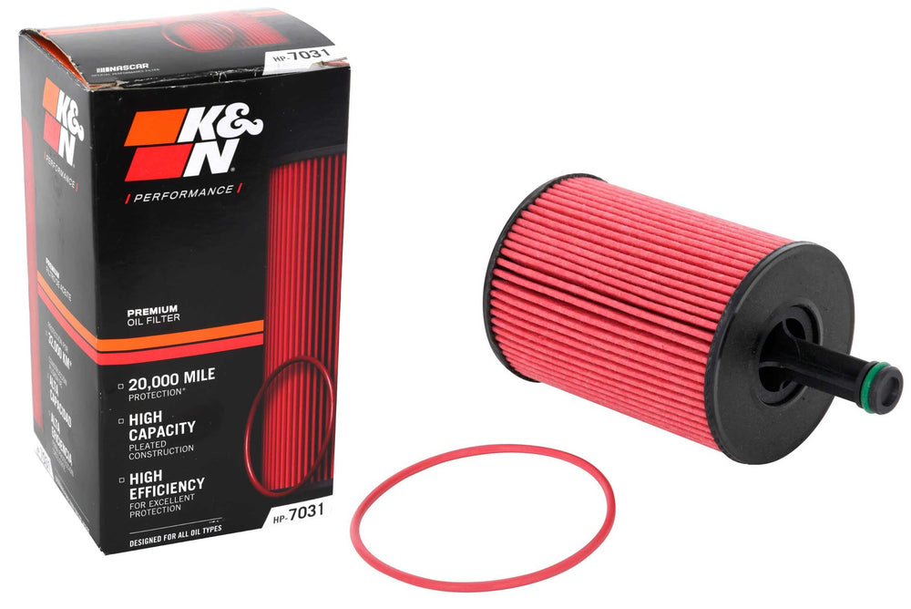 K&N oil filter HP-7031 front view showing durable canister and label benefit protection