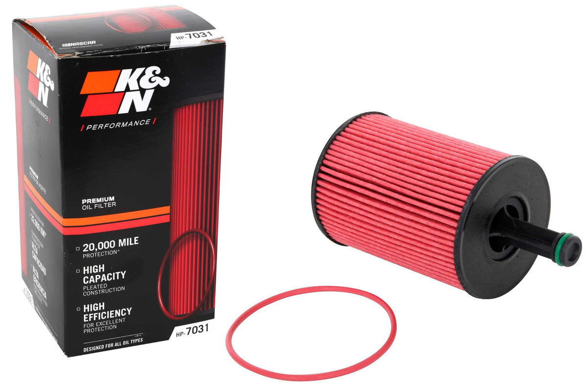 K&N oil filter HP-7031 front view showing durable canister and label benefit protection
