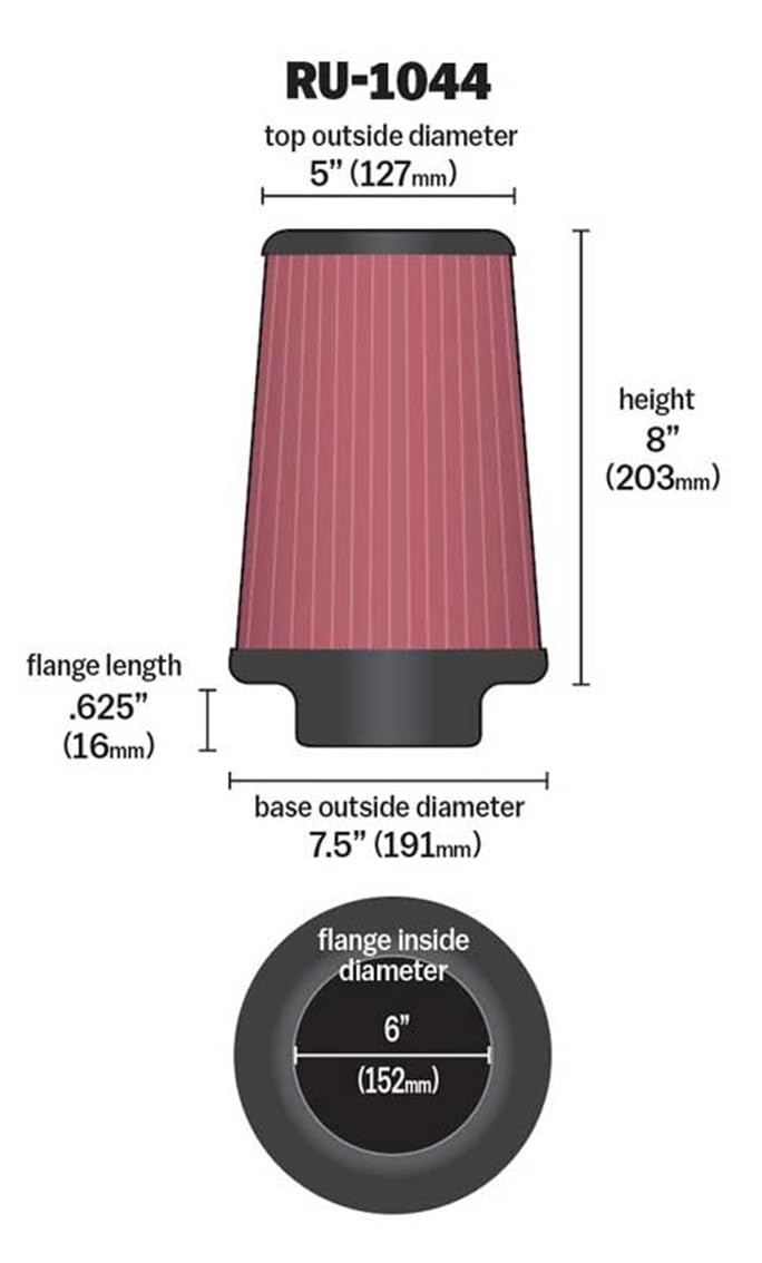 K&N RU-1044 side profile showing 8-inch height and shape benefits