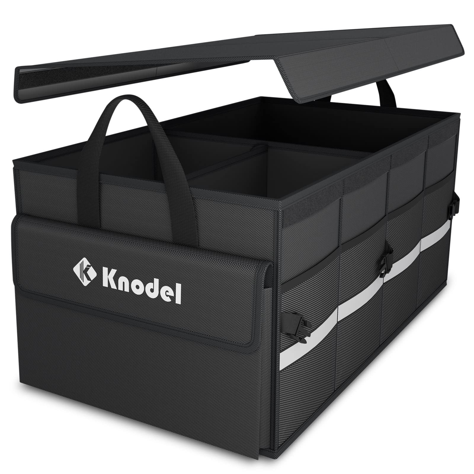 K KNODEL front view of medium black organizer showing lid and tidy storage benefit