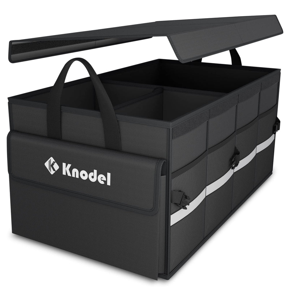 K KNODEL front view of medium black organizer showing lid and tidy storage benefit