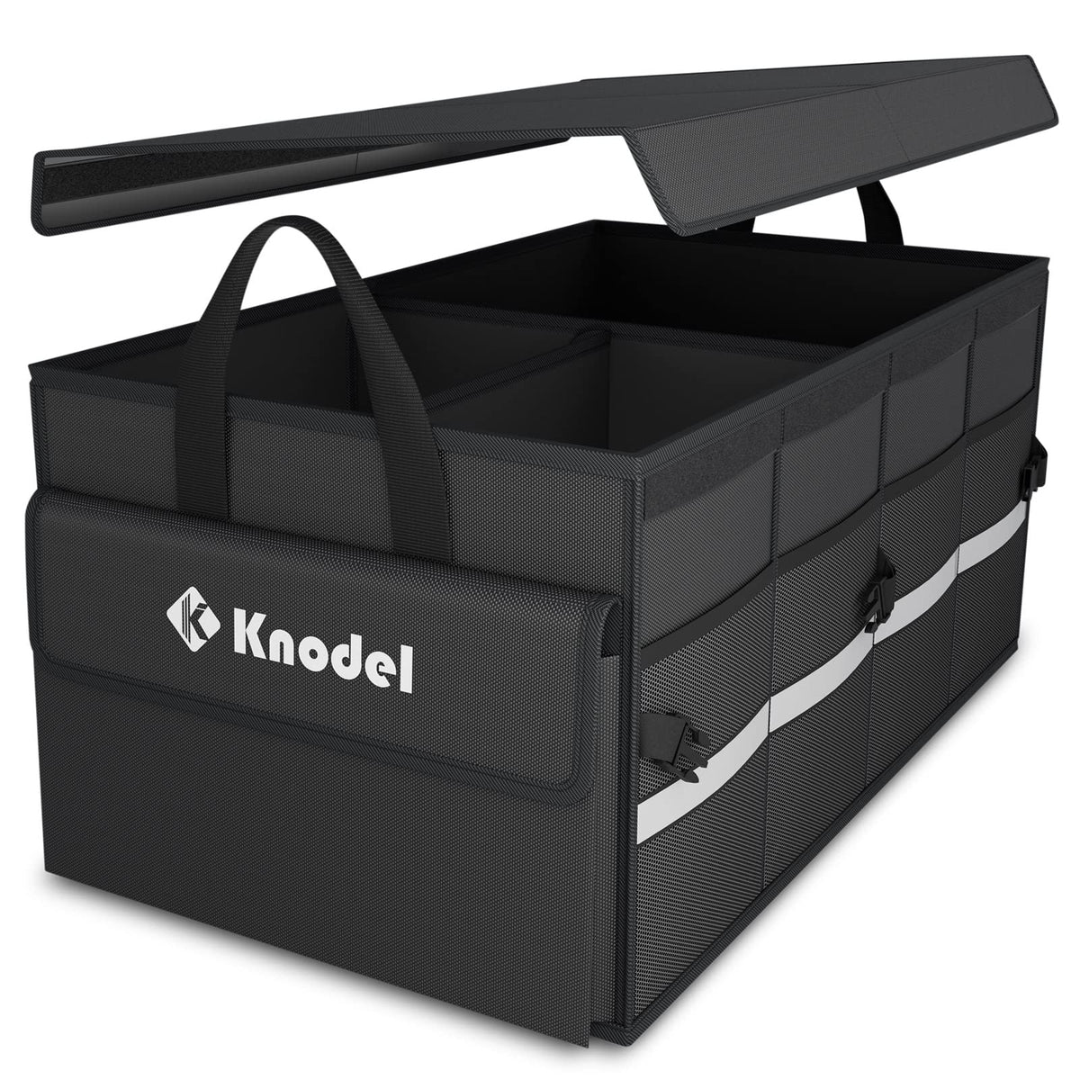 K KNODEL front view of medium black organizer showing lid and tidy storage benefit