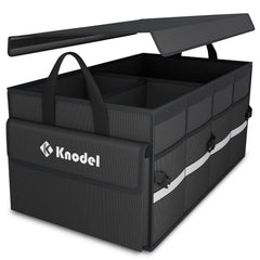 K KNODEL front view of medium black organizer showing lid and tidy storage benefit