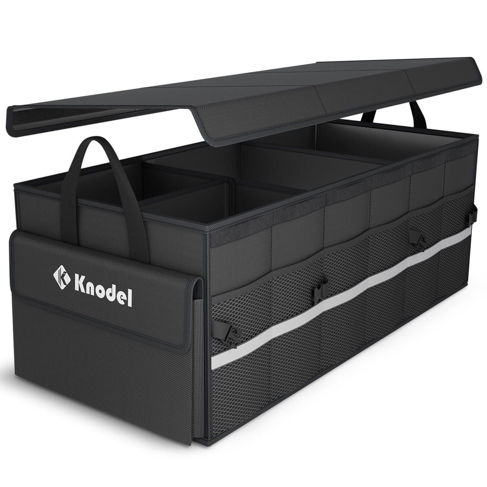 K KNODEL front view of trunk organizer showing large capacity and lid benefit
