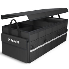 K KNODEL front view of trunk organizer showing large capacity and lid benefit