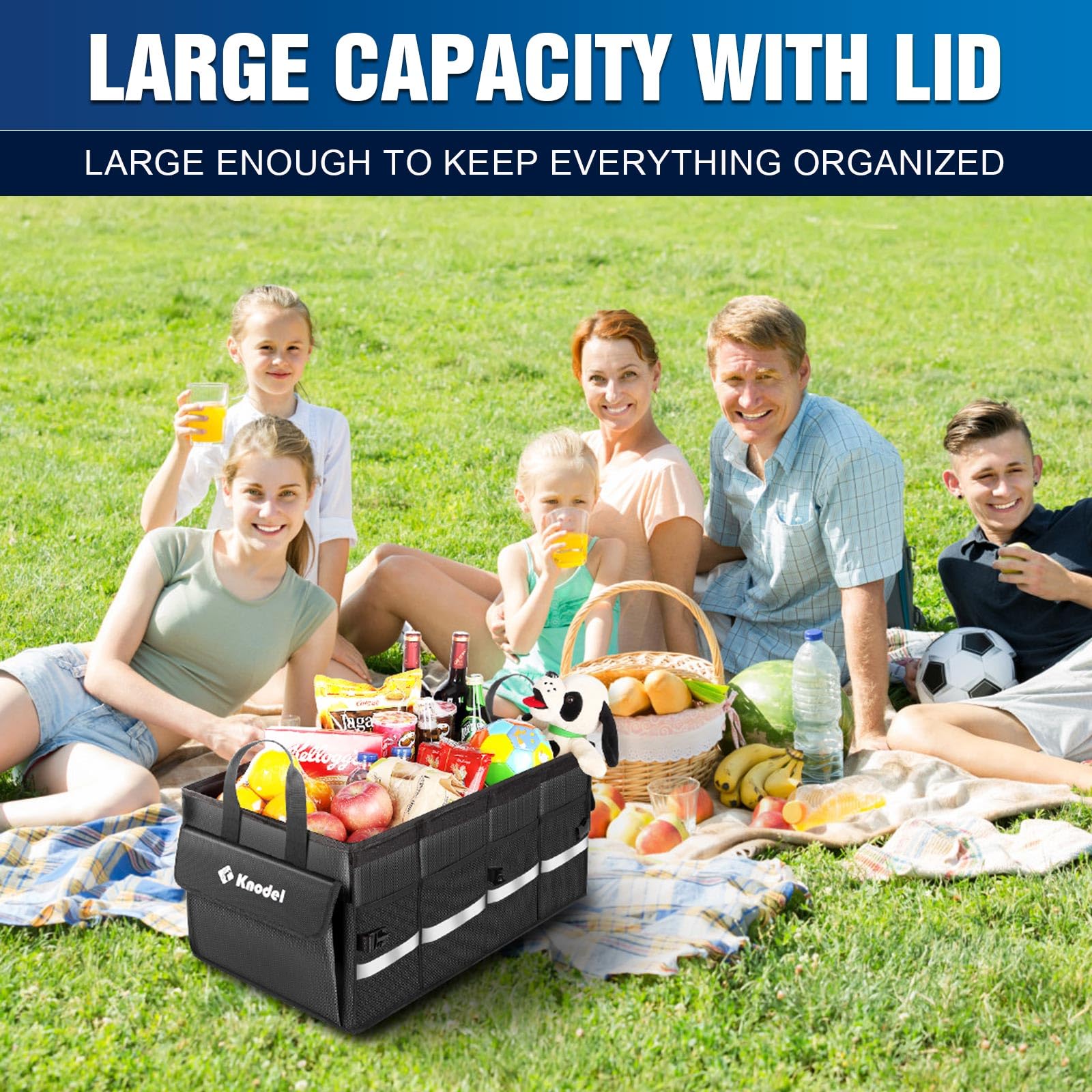 K KNODEL organizer placed in an SUV trunk to show size and space-saving benefit