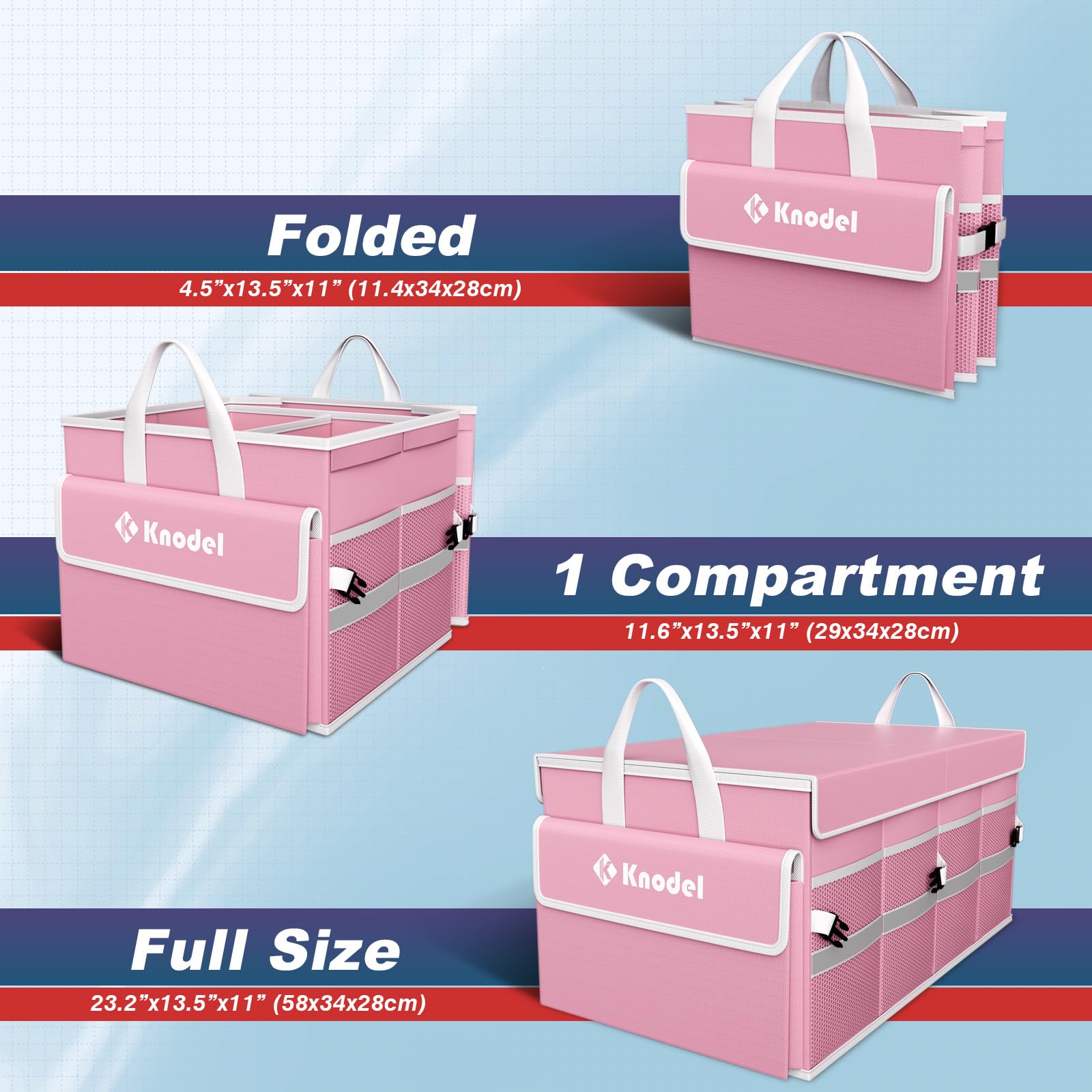 K KNODEL close-up of zip lid and reinforced handle for secure carrying