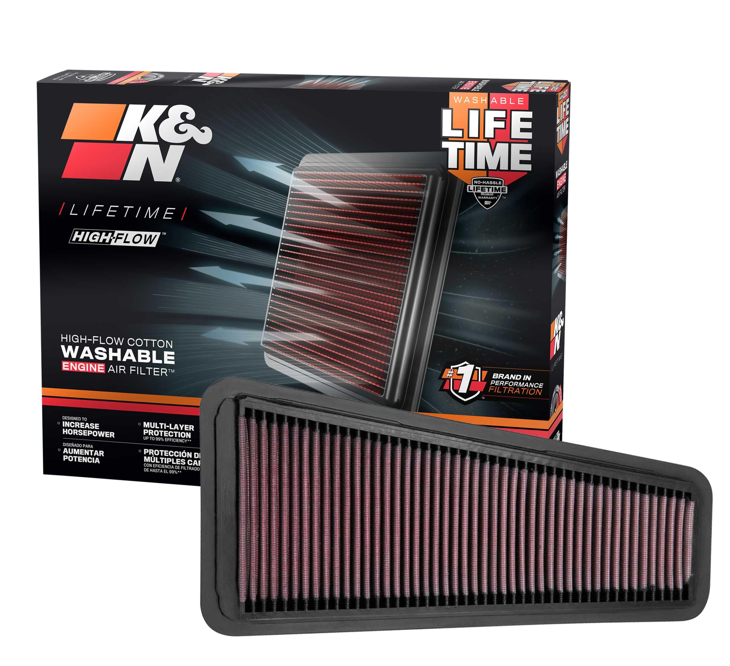 K&N front view of 33-2281 filter showing fit and instant airflow benefit