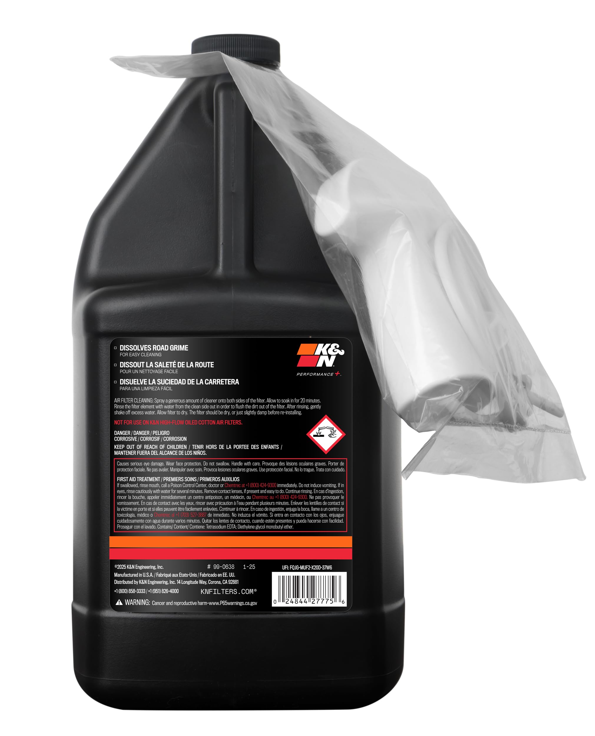 K&N filter soaking with Power Kleen showing effective degreasing and grime removal