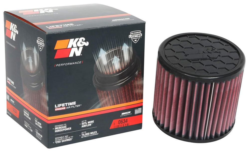 K&N front packaging showing E-0634 fitment and quick benefits