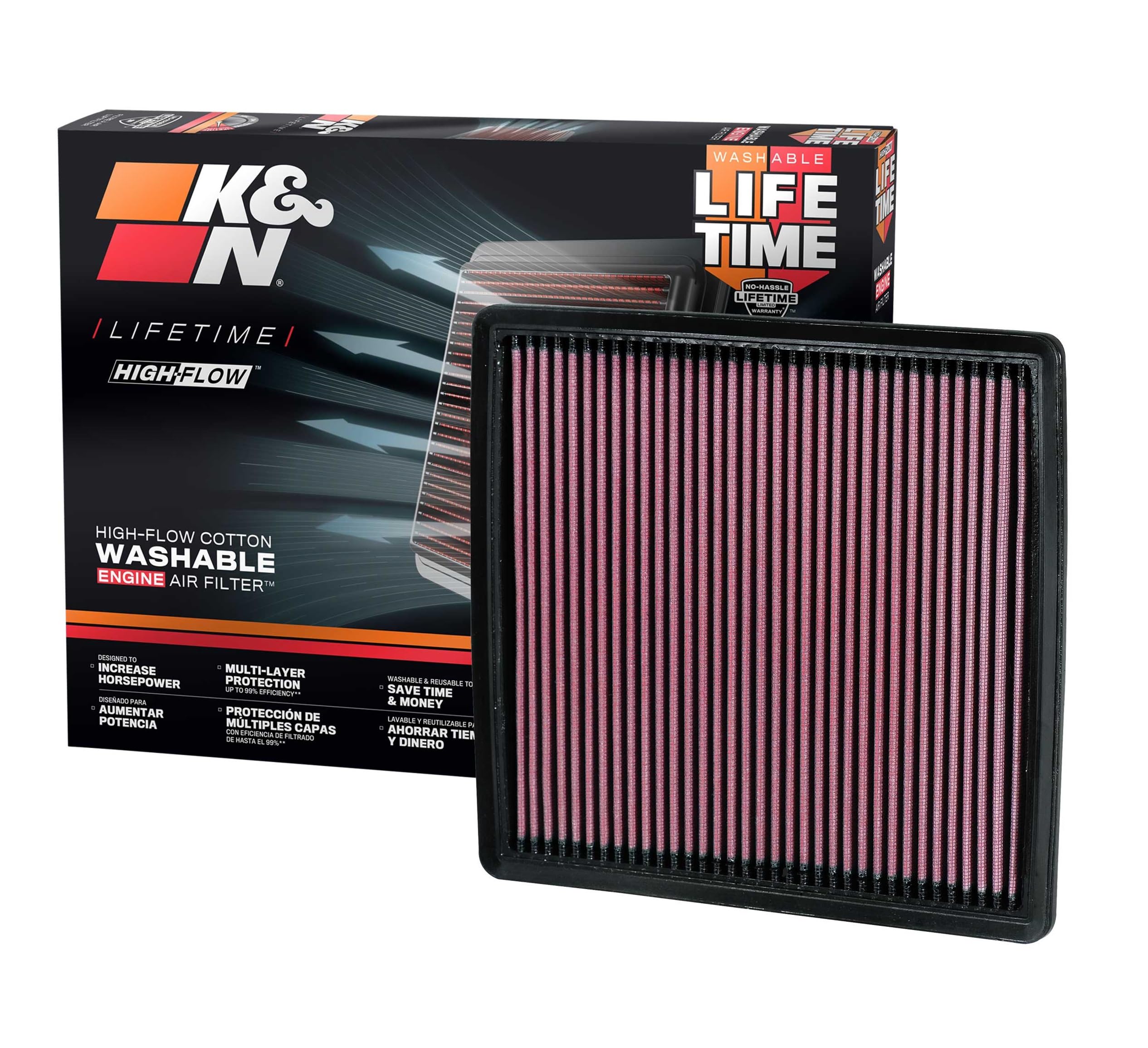 K&N front view of filter 33-2385 showing ready-to-install benefit