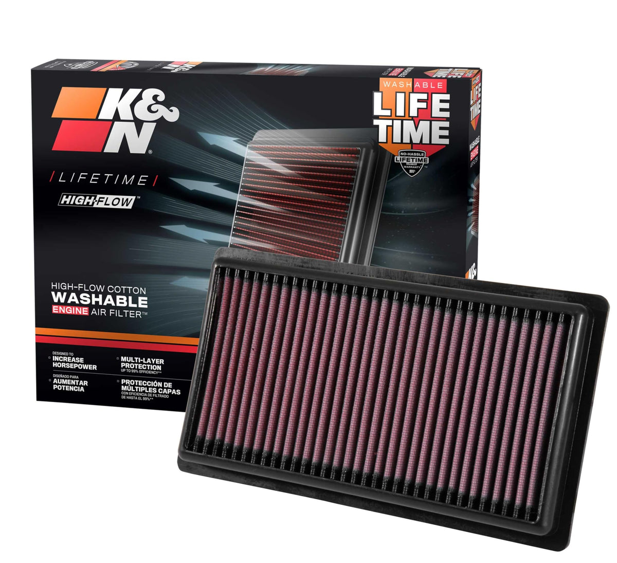 K&N front view shows entire filter ready for drop-in installation and performance