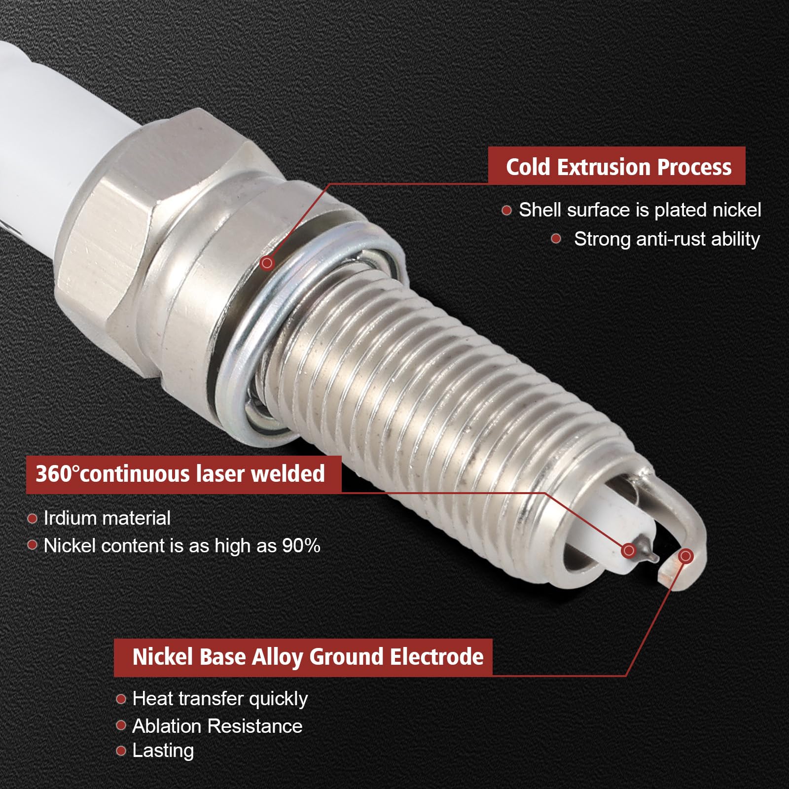 KacuYelin iridium spark plug detail showing electrode for longer life and precise spark