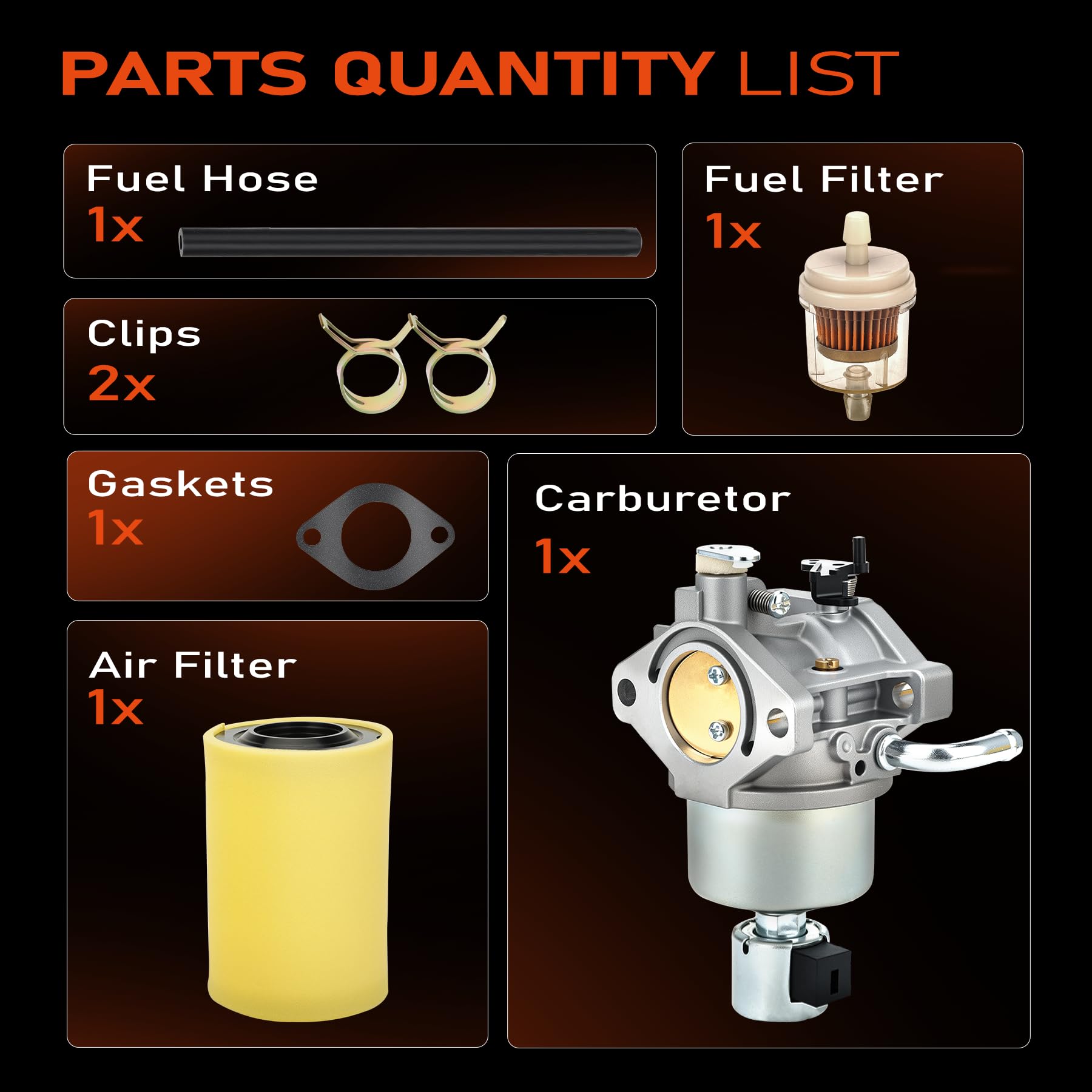 kaekea kit components layflat image showing carburetor, filter and accessories