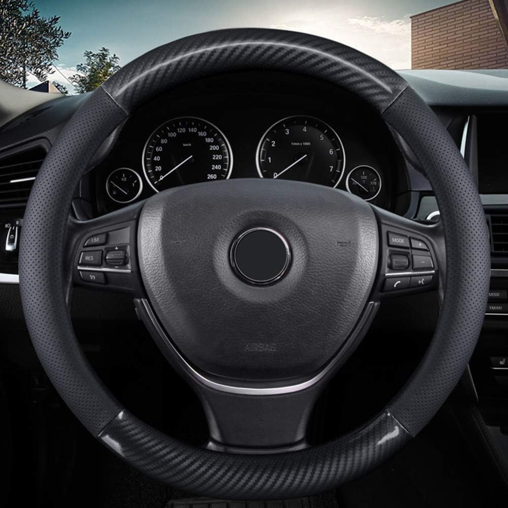 KAFEEK front view of black carbon fiber steering wheel cover showing clean fit and style
