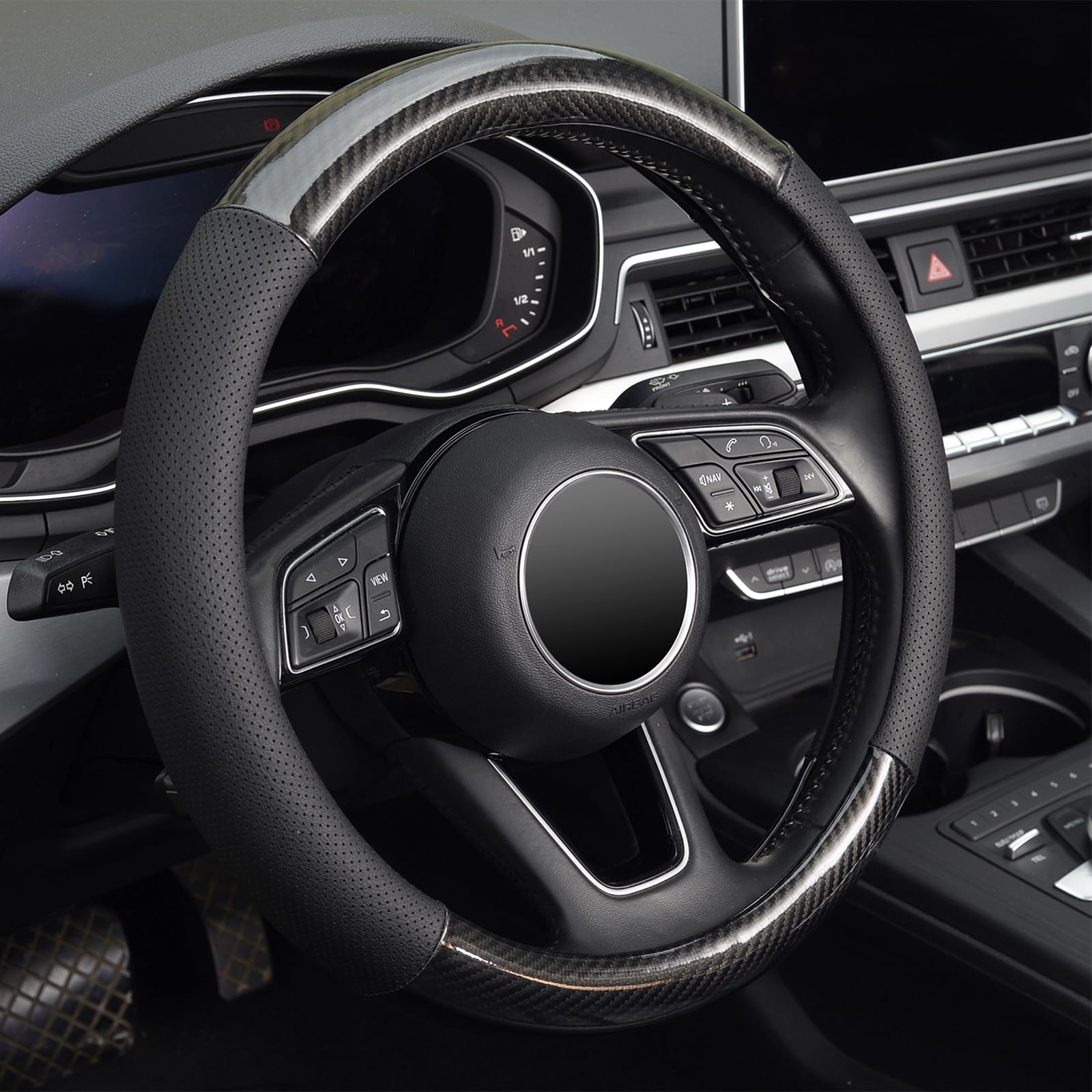 KAFEEK steering wheel with measuring tape showing 37–39cm fit for correct sizing