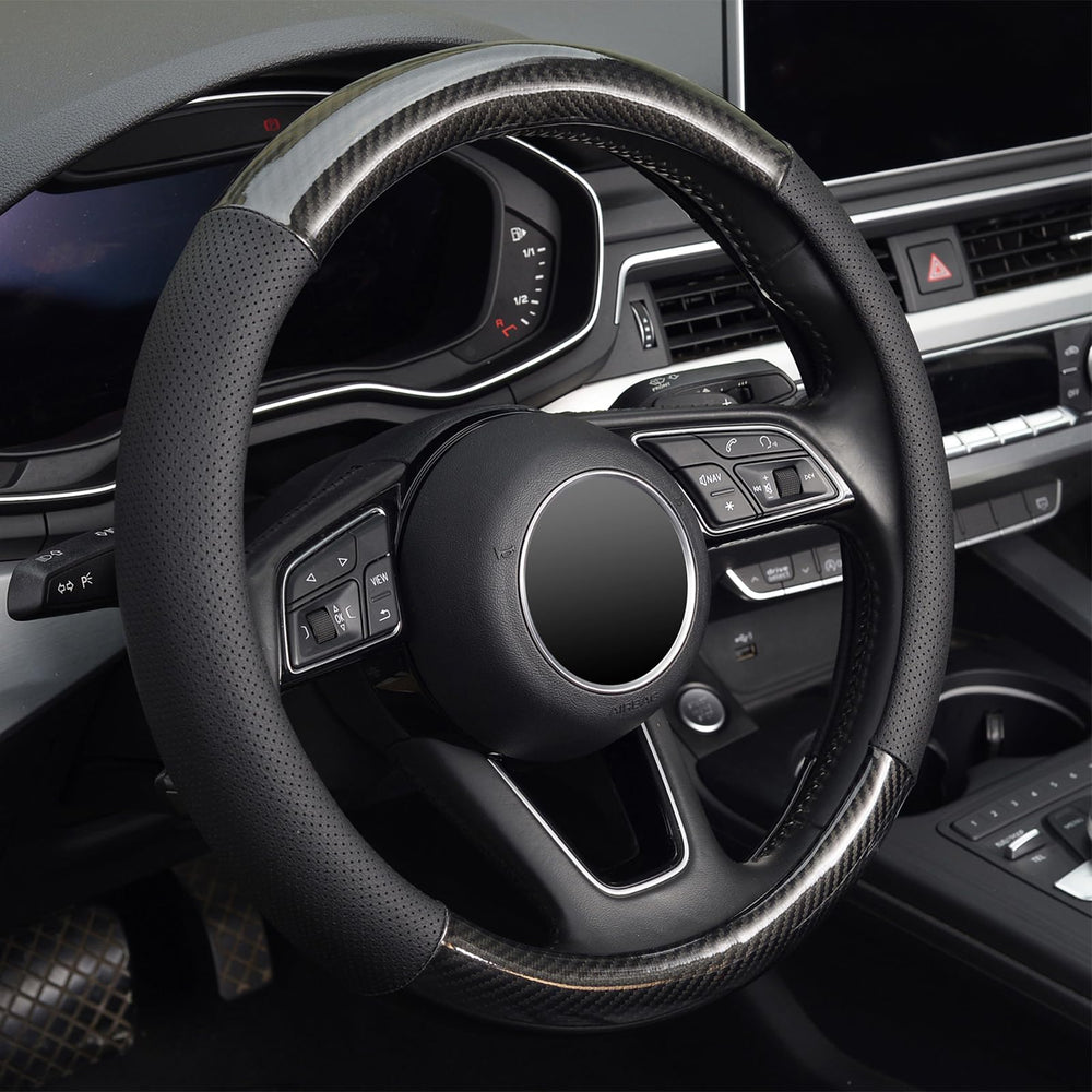 KAFEEK steering wheel with measuring tape showing 37–39cm fit for correct sizing