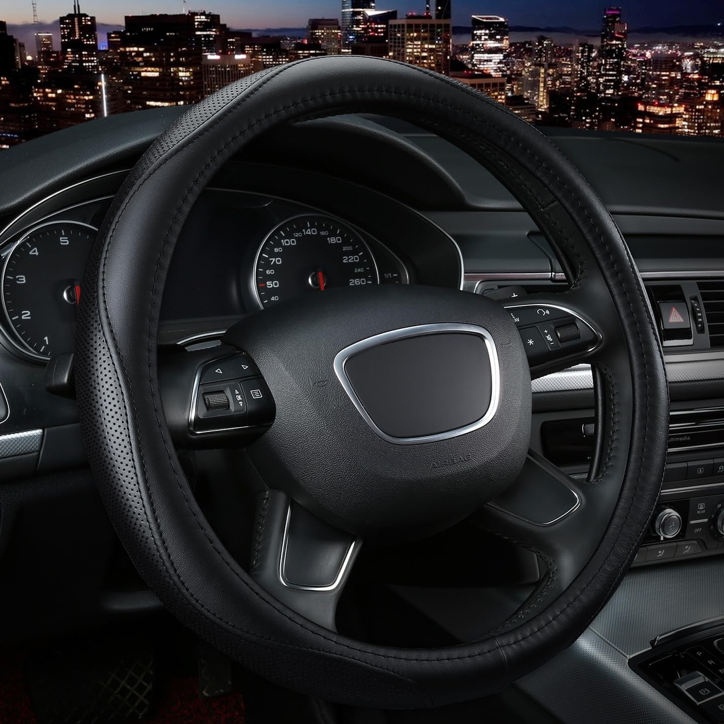 KAFEEK front view of black steering wheel cover showing sleek finish and protection