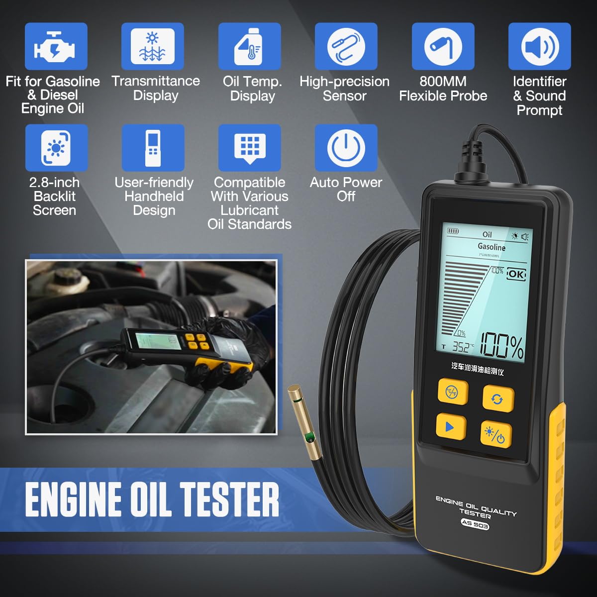 KAISAL 50-inch flexible probe bending to reach deep dipstick holes for easy access