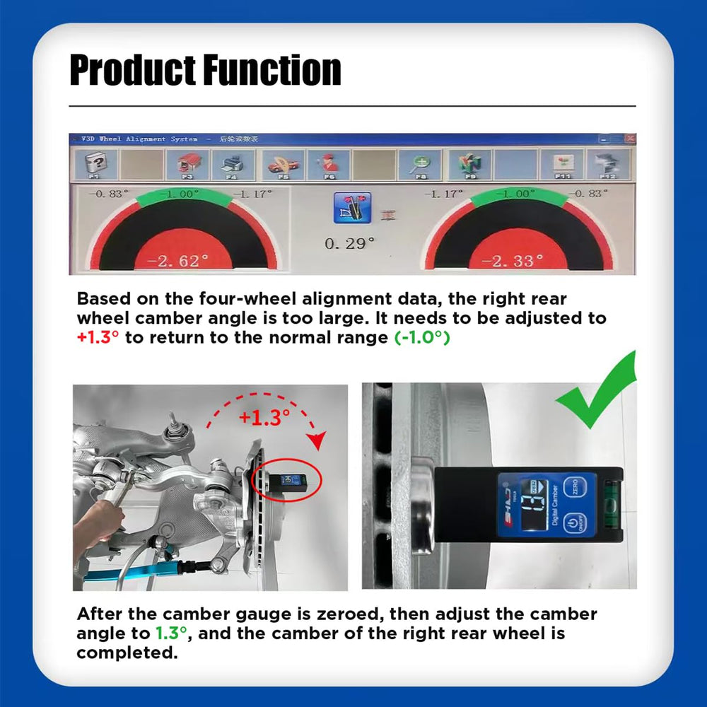 KAISAL gauge mounted on car wheel during alignment to speed suspension adjustments and checks