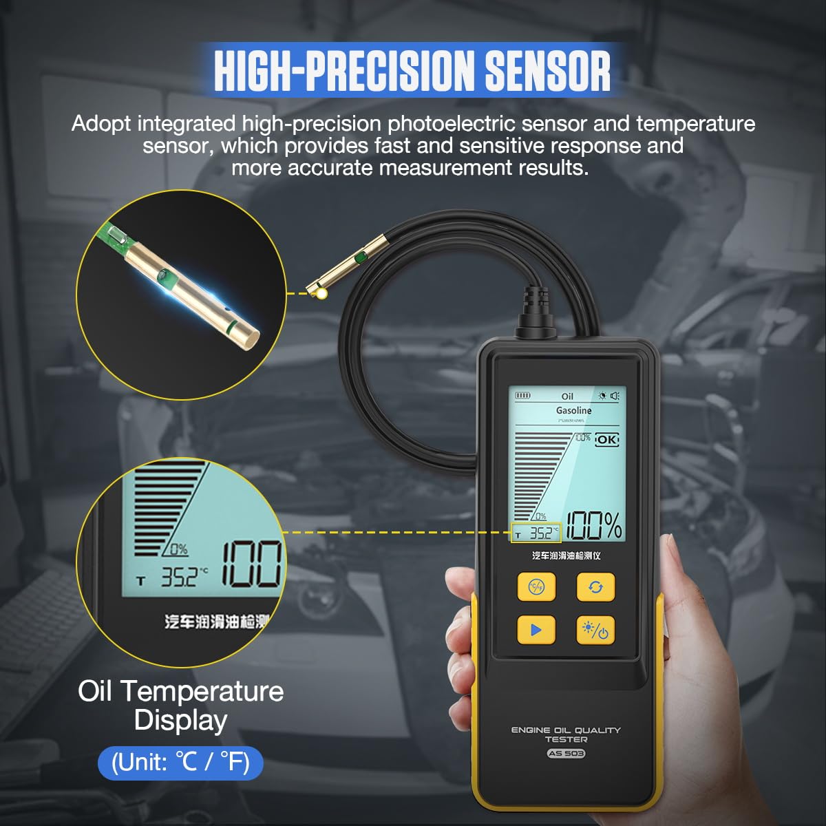 KAISAL in-hand, inserting probe into dipstick tube for fast in-vehicle testing