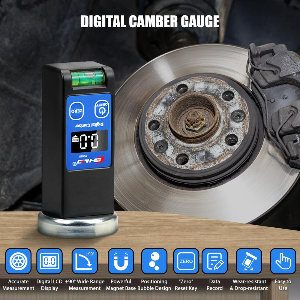 KAISAL close-up of lit LCD display offering fast, easy-to-read camber angles in workshops