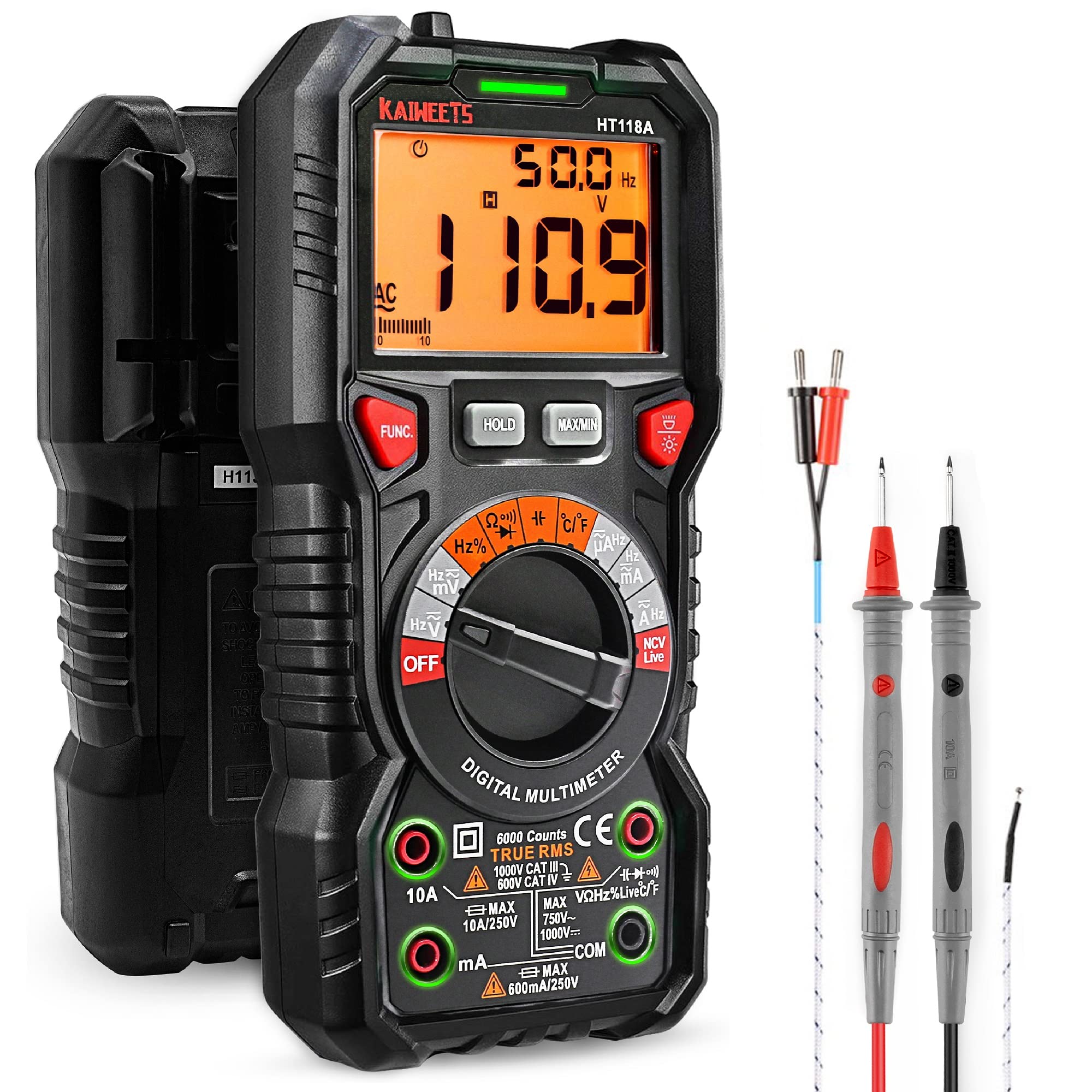 KAIWEETS multimeter front display showing clear backlit digits and readings for fast diagnostics