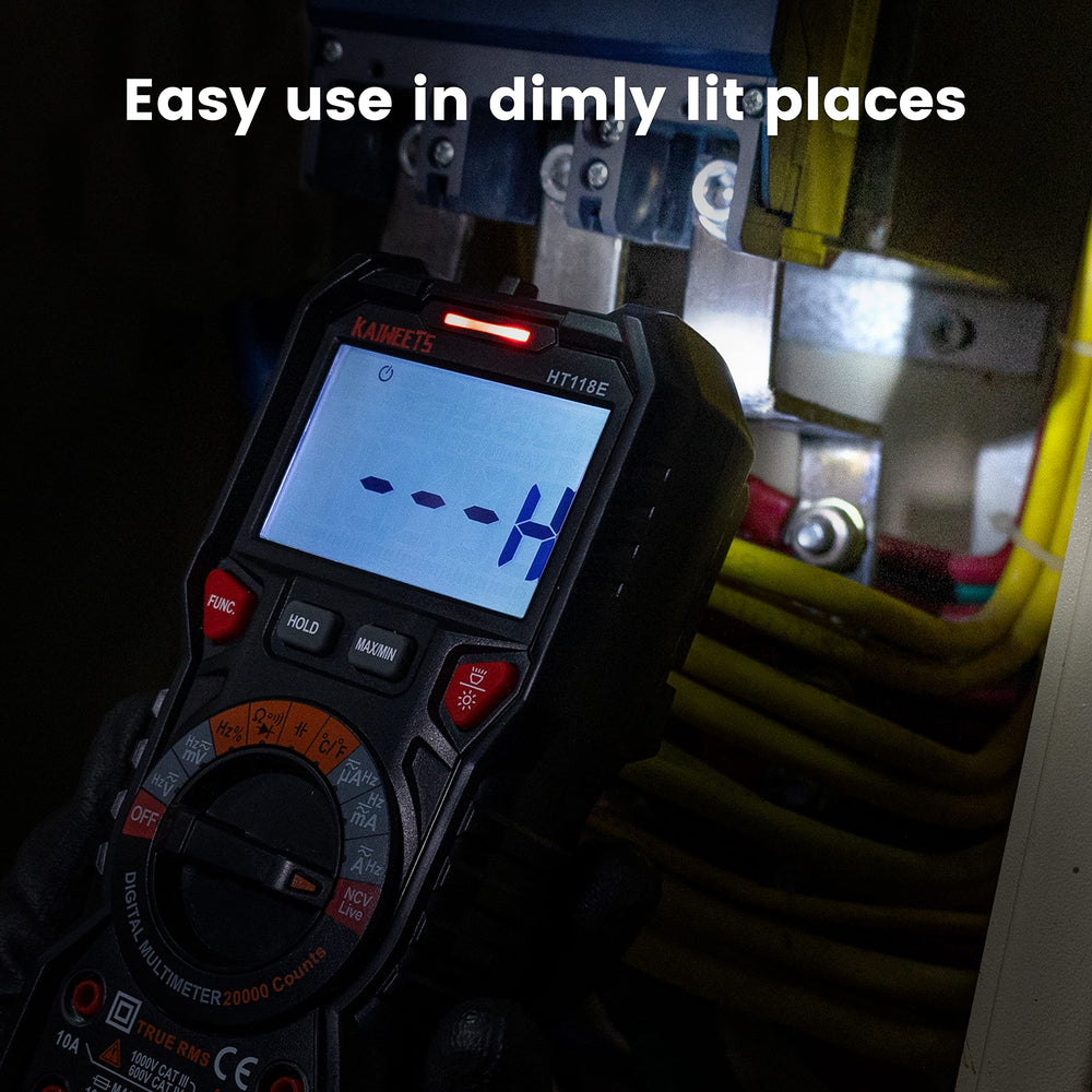KAIWEETS multimeter held in hand showing compact scale and portability