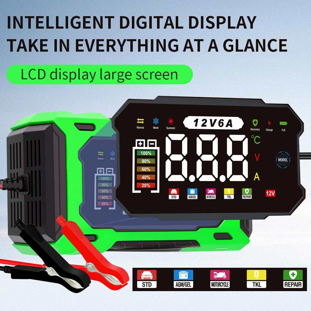 kalonwell connected to a car battery in garage, ideal for seasonal maintenance